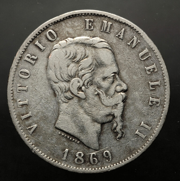 ITALY 5 Lire 1869 King Emuneule II Silver