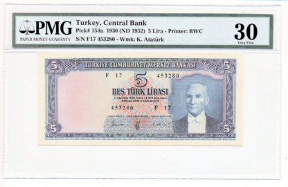 5. Emisyon 5 Lira 1961-68 TURKEY Pick # 154a PMG 30 VF *SATILDI - OUT OF STOCK