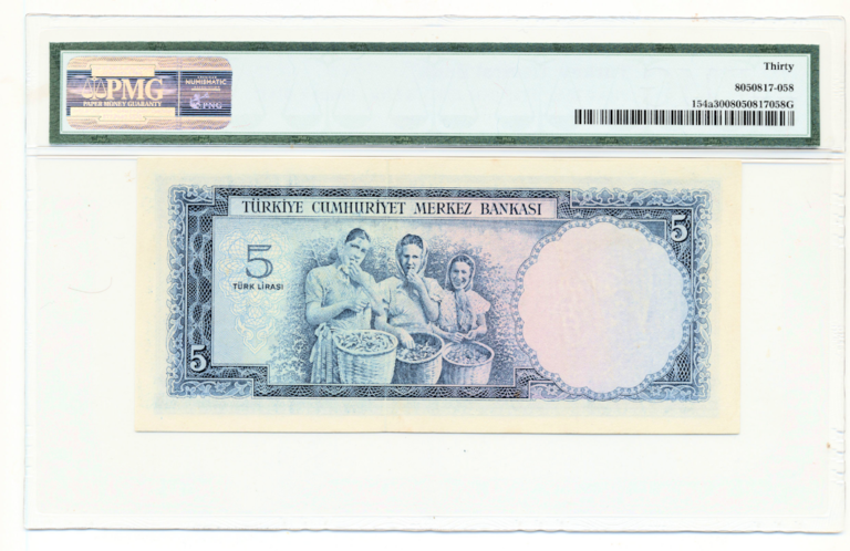 5. Emisyon 5 Lira 1961-68 TURKEY Pick # 154a PMG 30 VF *SATILDI - OUT OF STOCK - Görsel 2