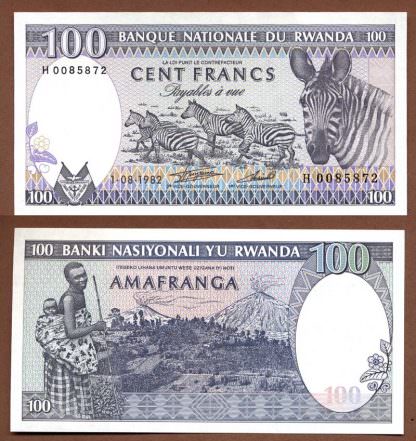 Rwanda 100 Francs 1982 Zebra Motif Koleksiyon Banknot Çil