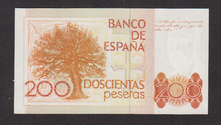 SPAIN Ispanya 200 Pecetas 1980 Pick#156 UNC *çil (with seial init) Seri harfi ile "D" - Görsel 2