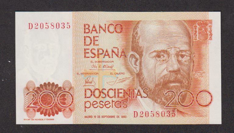 SPAIN Ispanya 200 Pecetas 1980 Pick#156 UNC *çil (with seial init) Seri harfi ile "D"