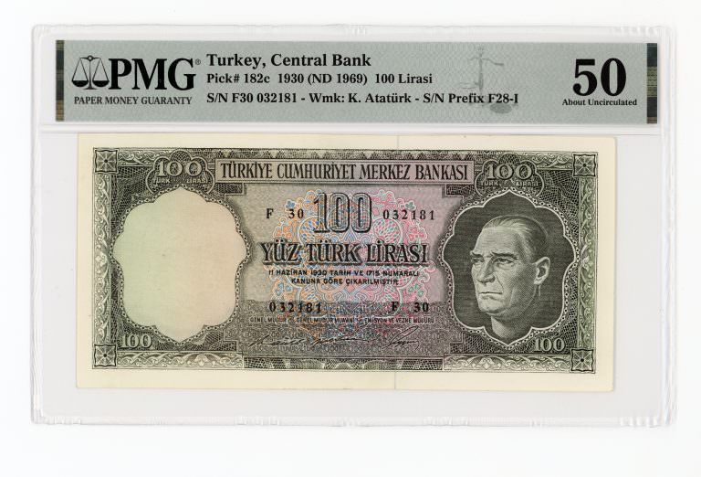 5. Emisyon 100 Lira 6. Tertip ND (1969) Pick # 182c PMG 50 – aUNC *çilaltı *SATILDI - OUT OF STOCK
