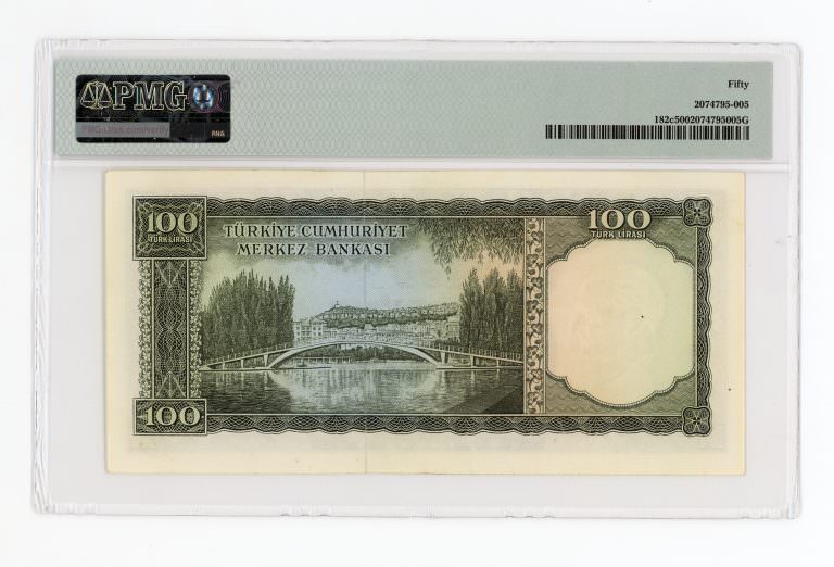 5. Emisyon 100 Lira 6. Tertip ND (1969) Pick # 182c PMG 50 – aUNC *çilaltı *SATILDI - OUT OF STOCK - Görsel 3
