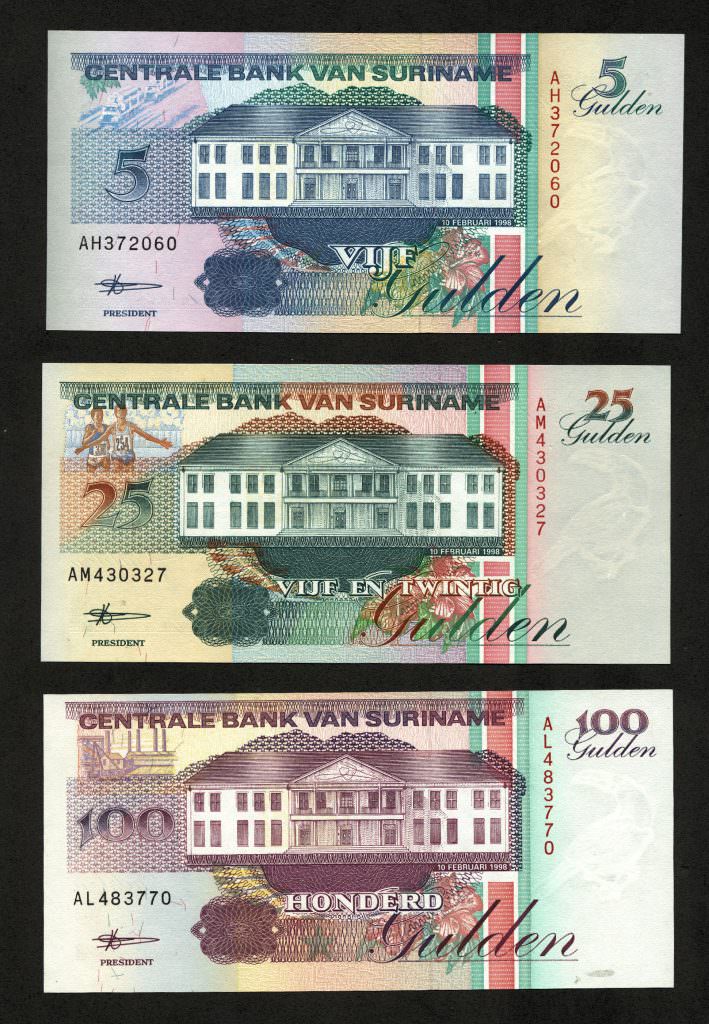 SURINAM 5 + 25 + 100 Gulden 1998 UNC - çil - Görsel 2