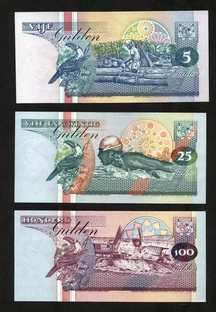 SURINAM 5 + 25 + 100 Gulden 1998 UNC - çil