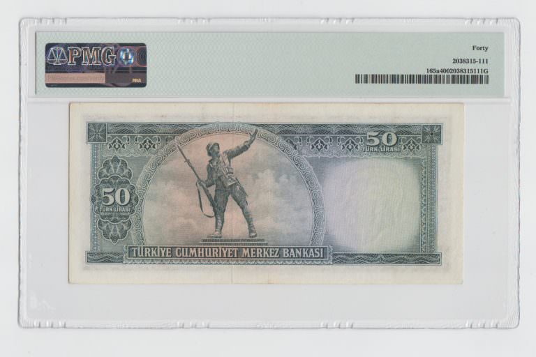 5. Emisyon 50 Lira (1957-79)  4. Tertip Pick # 165a Serie V5 PMG 40 - EF *ççt *SATILDI - OUT OF STOCK - Görsel 2