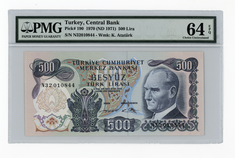 6. Emisyon 500 Lira 1970/71 Pick # 190 PMG 64 EPQ - UNC