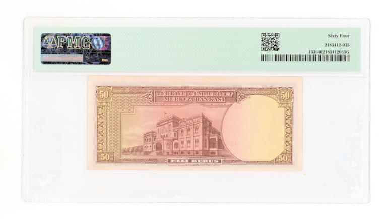 50 Kuruş Inönü Pick # 133 (2. Emisyon) B15 harfi PMG 64 çil – UNC *SATILDI - OUT OF STOCK - Görsel 2