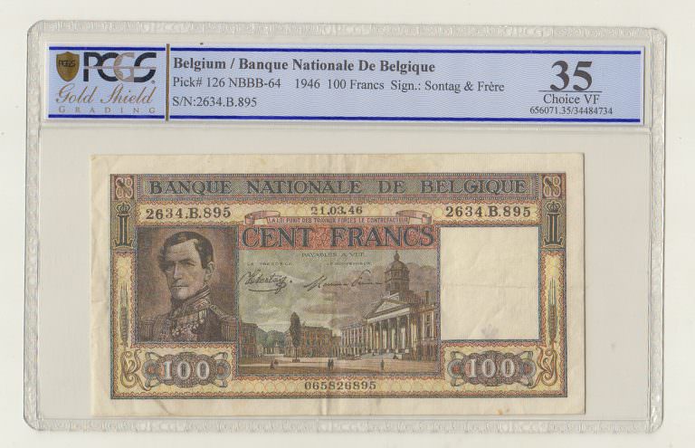 BELGIUM Belgique 100 Francs 1946 Pick # 126 PCGS 35 - VF