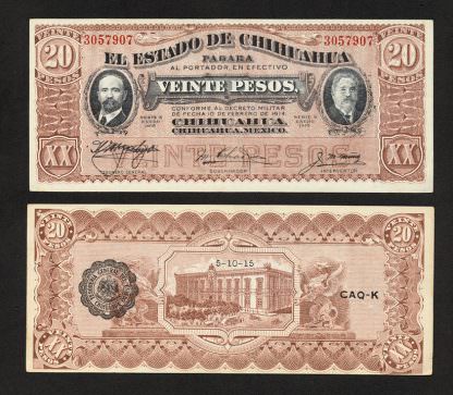 MEXICO El Estato de Chihiuahua 20 Pesos 1915 - UNC