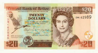 BELIZE 20 Dollars 2012 Pick # 69e w/ Queen Kraliçe – UNC