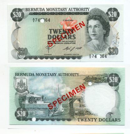 BERMUDA 20 Dollars 1970 Pick # 26s SPECIMEN w/ Queen Kraliçe – UNC