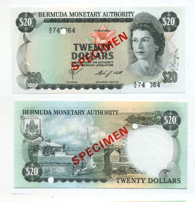 BERMUDA 20 Dollars 1970 Pick # 26s SPECIMEN w/ Queen Kraliçe – UNC