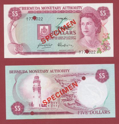 BERMUDA 5 Dollars 1970 Pick # 24s SPECIMEN w/ Queen Kraliçe – UNC