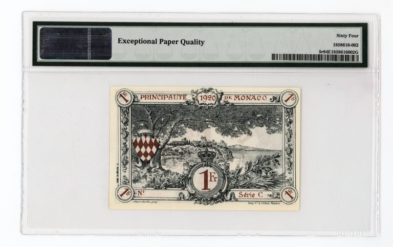 MONACO 1 Franc 1920 Pick # 5r PMG 64 EPQ - UNC - Görsel 2