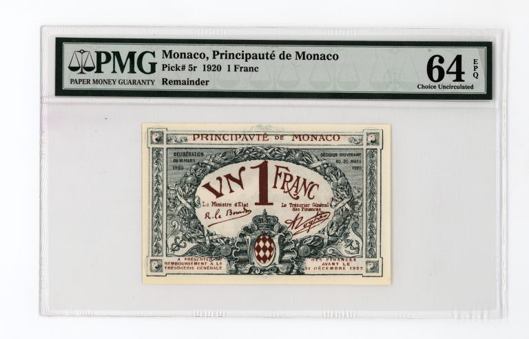MONACO 1 Franc 1920 Pick # 5r PMG 64 EPQ - UNC