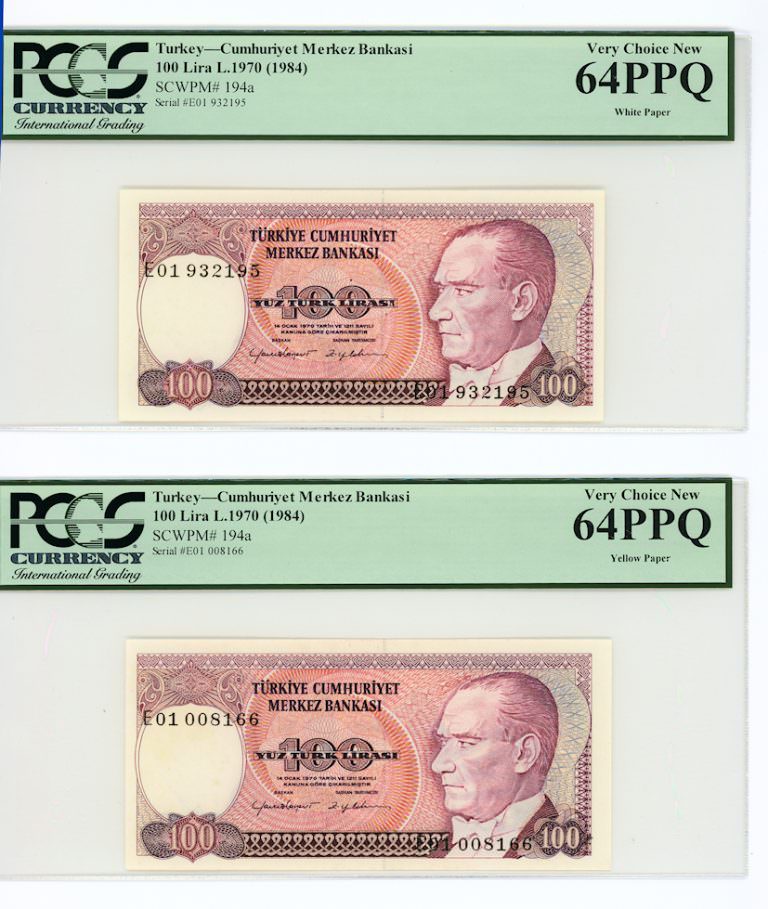 7. Emisyon 100 Lira 2. Tertip Pick # 194a *E01 Sarı kağıt/Beyaz kağıt *TAKIM PCGS sertifikalı 64 EPQ çil