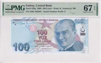 9.EMİSYON 100 TL SERİ G001 PMG 67 EPQ SERİFİKALI ÇİL - UNC *SATILDI -OUT OF STOCK