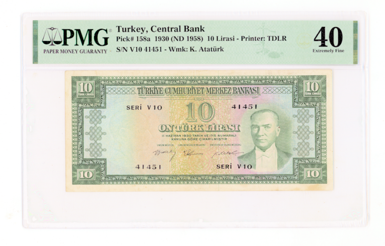 5. Emisyon 3. Tertip 10 Lira 1958-66 Pick # 158a  PMG 40 EF *ççt
