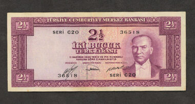 5. Emisyon 2 buçuk Lira 1952 - 1. Tertip  (Serial G20)   VF- *çt banknot
