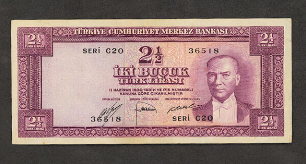 5. Emisyon 2 buçuk Lira 1952 - 1. Tertip  (Serial G20)   VF- *çt banknot