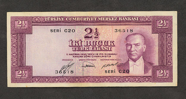 5. Emisyon 2 buçuk Lira 1952 - 1. Tertip  (Serial G20)   VF- *çt banknot