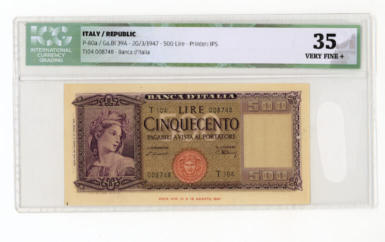 ITALY ITALYA 500 Lire 1947 Pick#80a ICG 35 – VF