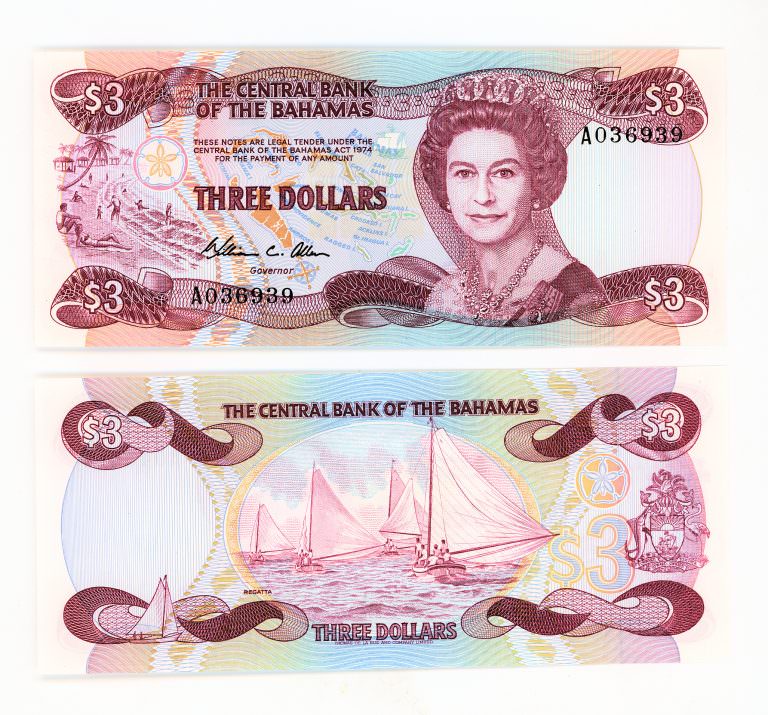 BAHAMAS 3 Dollars 1974-84 Pick # 44a UNC - çil