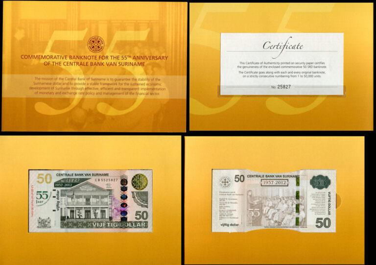 SURINAME 50 Dollars 55th Anniversary 2012 orijinal föyünde