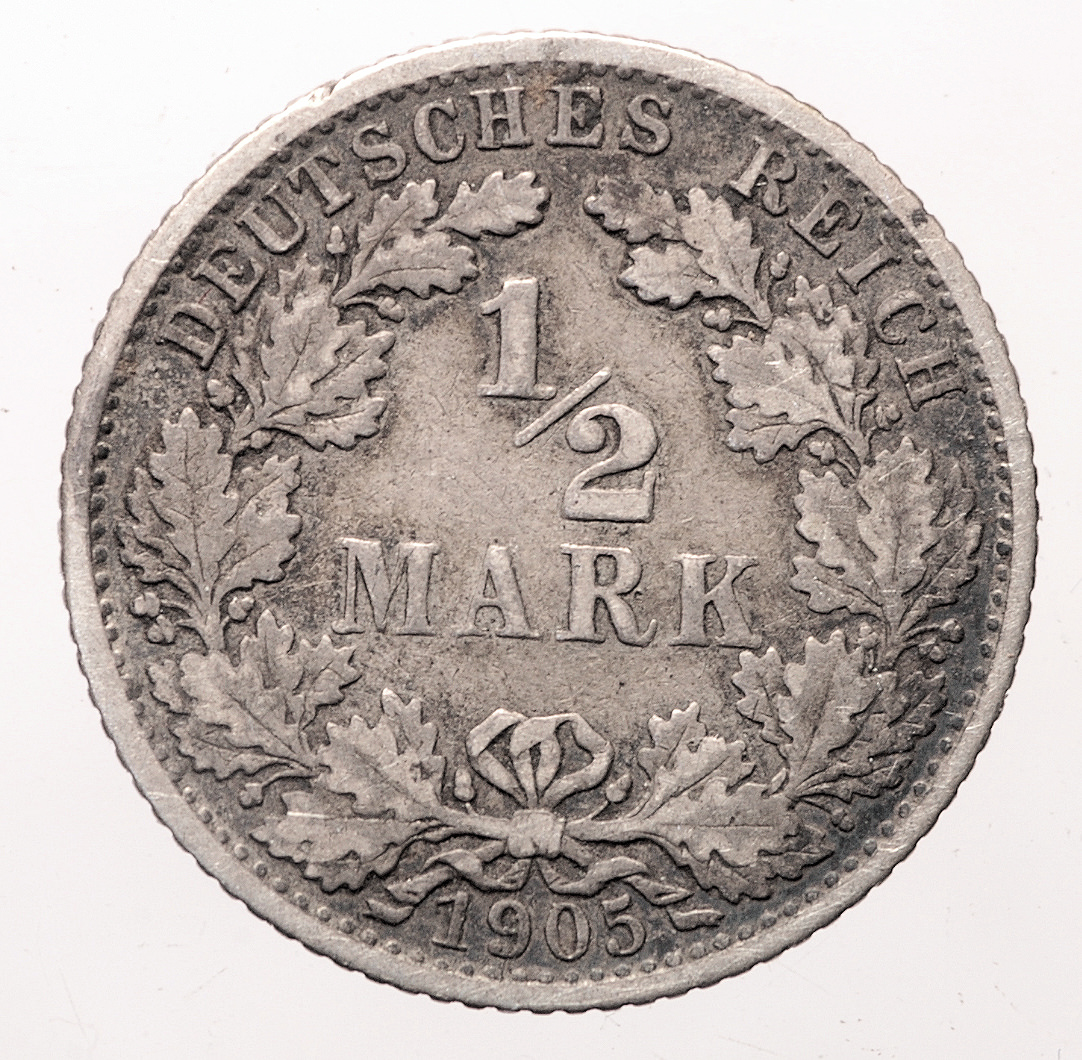 DEUTSCHLAND Almanya ½ Mark 1905 *Silver