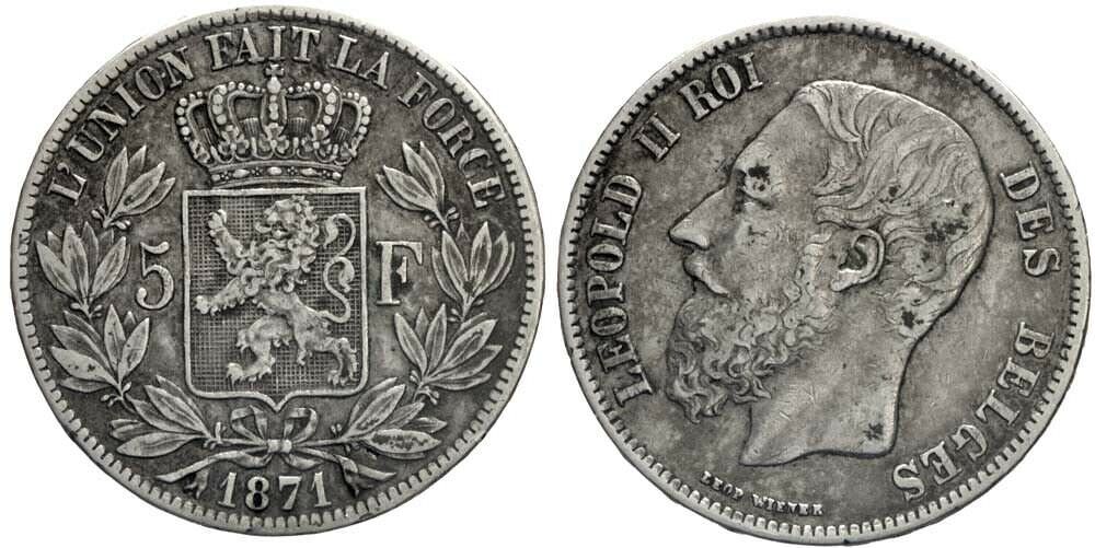 BELGIUM Belçika 5 Frank 1871 *Silver