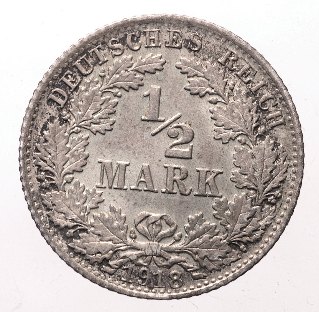 DEUTSCHLAND Almanya ½ Mark 1918 *Silver