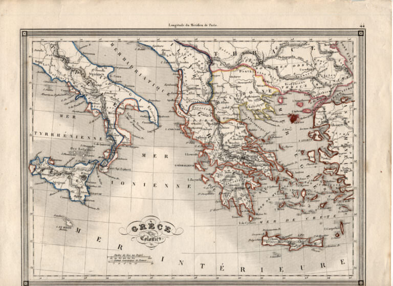 Harita Historical MAP - GREECE - Yunanistan *Balkanlar (elle renklendrilmiş) 24 x 20 cm.