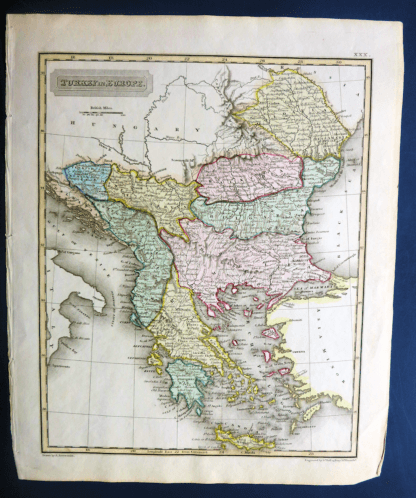 Harita Historical MAP - TURKEY in EUROPA *Balkanlar (elle renklendrilmiş) 24 x 20 cm.