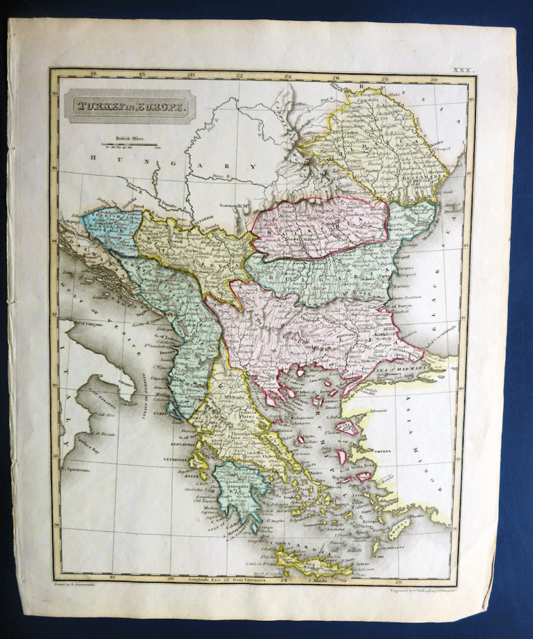 Harita Historical MAP - TURKEY in EUROPA *Balkanlar (elle renklendrilmiş) 24 x 20 cm.