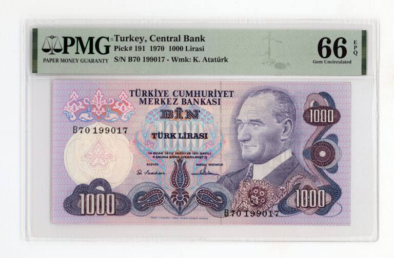 6. Emisyon 1000 Lira 1970 Pick #191 Serial B - PMG 66 EPQ - UNC *SATILDI - OUT OF STOCK