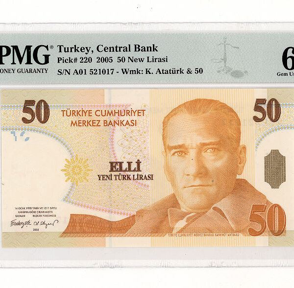 8. Emisyon 50 Yeni Türk Lirasi A01 PMG 66 EPQ - UNC çil