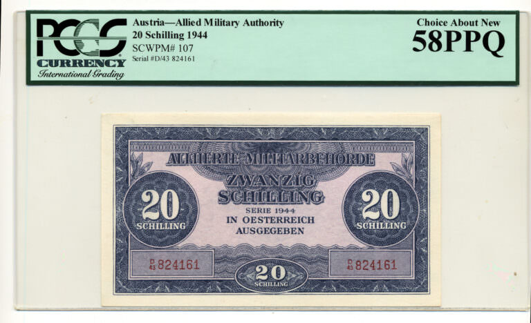 AUSTRIA ÖSTERREICH Allied Military Authority 20 Shillings 1944 Pick#107 PCGS 58 PPQ - aUNC
