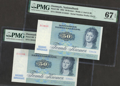 DENMARK Danimarka 50 Kroner 1984 Pick#50f – UNC (2 Pcs. w/ following numbers)