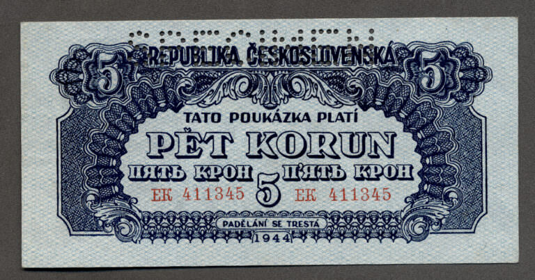 Çekoslavakya CZECHOSLOVAKIA 5 Korun 1944 Pick#46s SPECIMEN – UNC