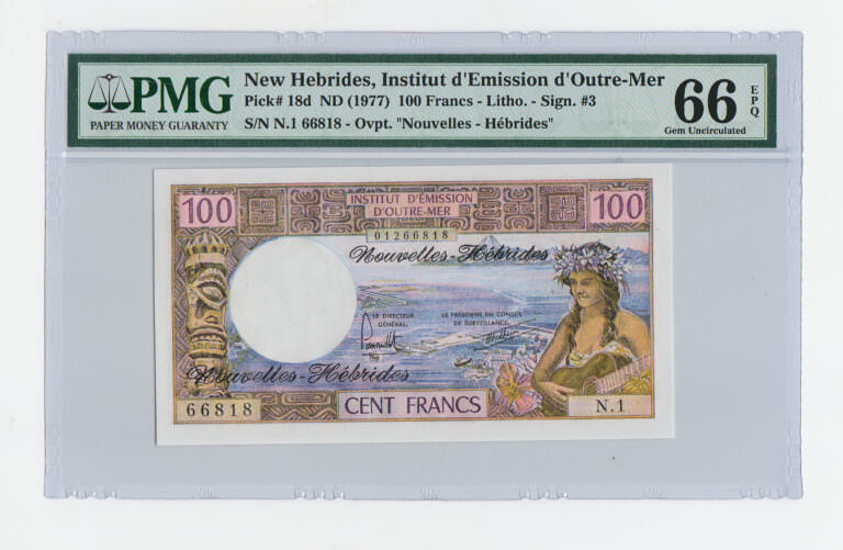 NEW HEBRIDES 100 Francs ND 1977 Pick # 18d PMG 66 EPQ UNC