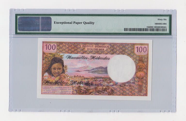 NEW HEBRIDES 100 Francs ND 1977 Pick # 18d PMG 66 EPQ UNC - Görsel 3