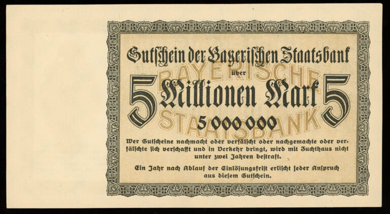 DEUTSCHLAND 5 Milionen Mark 1923 *Bayerischen Stattsbank UNC