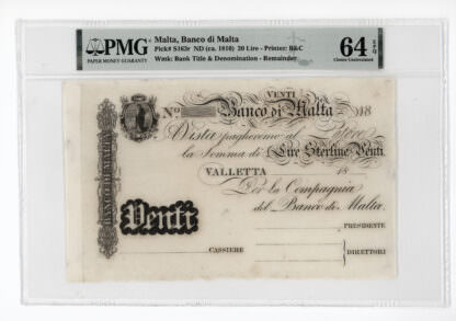 MALTA 20 Lire ND (1810) Pick # S163r PMG 64 EPQ - UNC