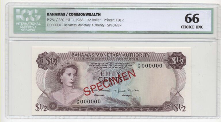 BAHAMAS 50 Cents 1968 SPECIMEN Pick # 26s ICG 66 UNC
