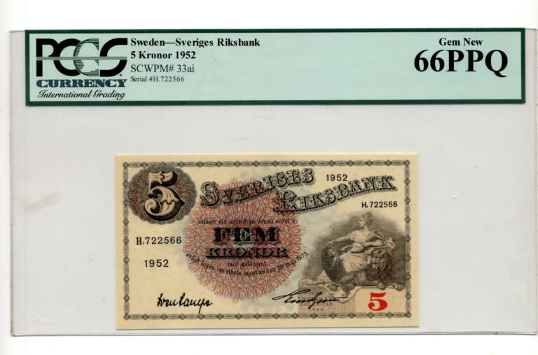 SWEDEN 5 Kronor 1952 Pick#33ai PCGS 66 PPQ - UNC *SATILDI - OUT OF STOCK
