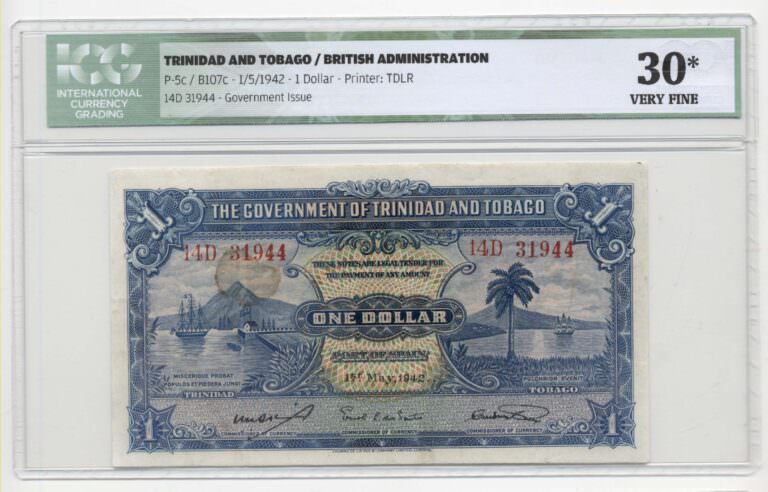 TRINIDAD and TOBAGO 1 Dollar 1942 Pick # 5c ICG 30 VF