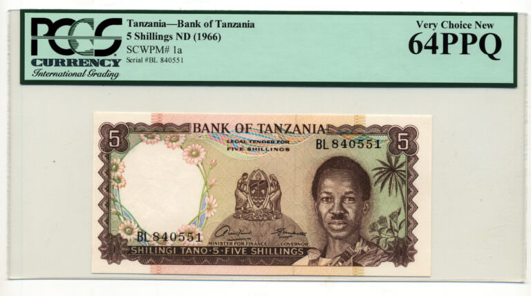 TANZANIA 5 Shillings ND (1966) Pick # 1a PCGS 64 PPQ UNC
