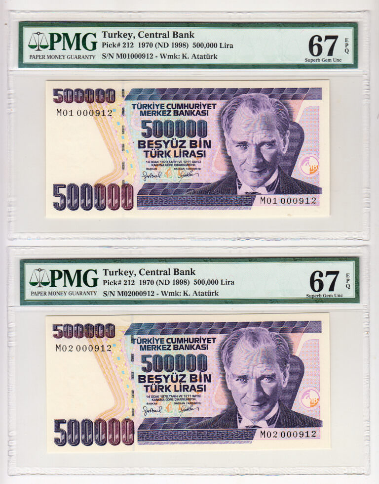7. Emisyon 500 000 Lira ND 1998 Pick # 212 (ikiz numaralar) ve ilk bin PMG 67 çil *SATILDI - OUT OF STOCK